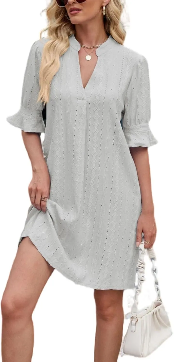 Women's Elegant Dresses, Bell Sleeves Solid Color Dress Lightweight Casual, Five Quarter Sleeve V Neck Loose Gowns