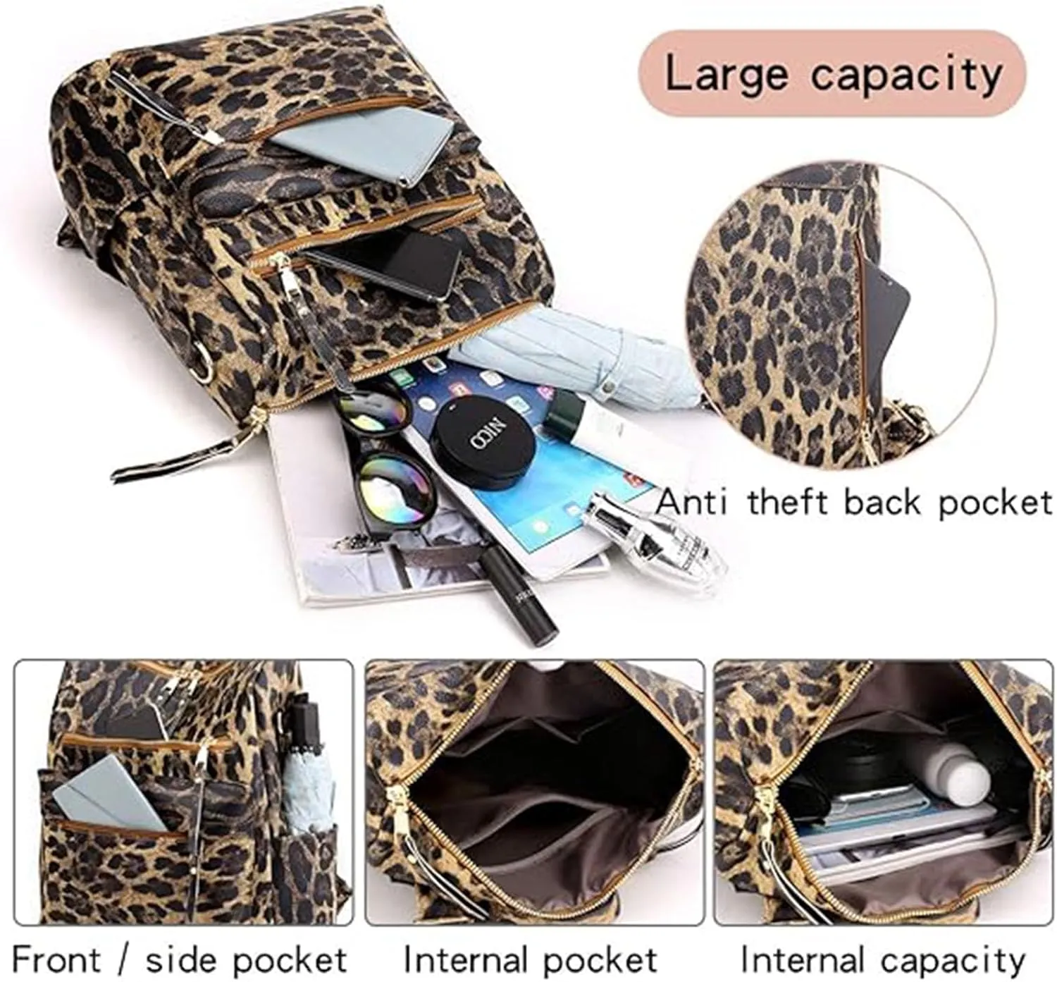 Women's Fashion Retro Backpack Convertible Satchel Shoulder Bag Anti-Theft Travel bag Casual Leather Backpack (Grey), Brown Leopard