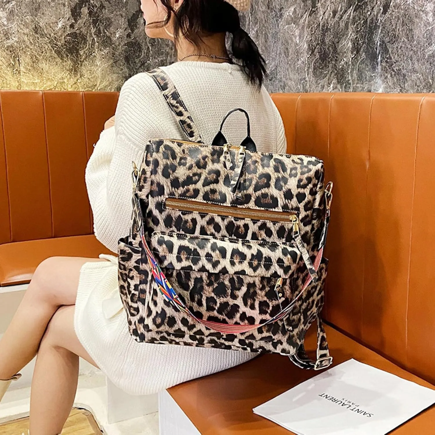 Women's Fashion Retro Backpack Convertible Satchel Shoulder Bag Anti-Theft Travel bag Casual Leather Backpack (Grey), Brown Leopard