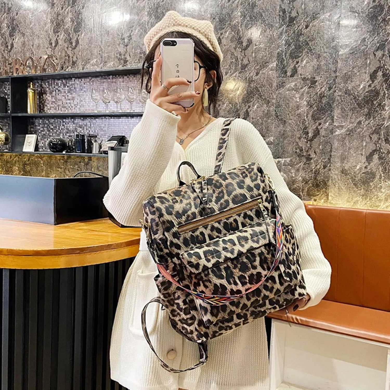 Women's Fashion Retro Backpack Convertible Satchel Shoulder Bag Anti-Theft Travel bag Casual Leather Backpack (Grey), Brown Leopard