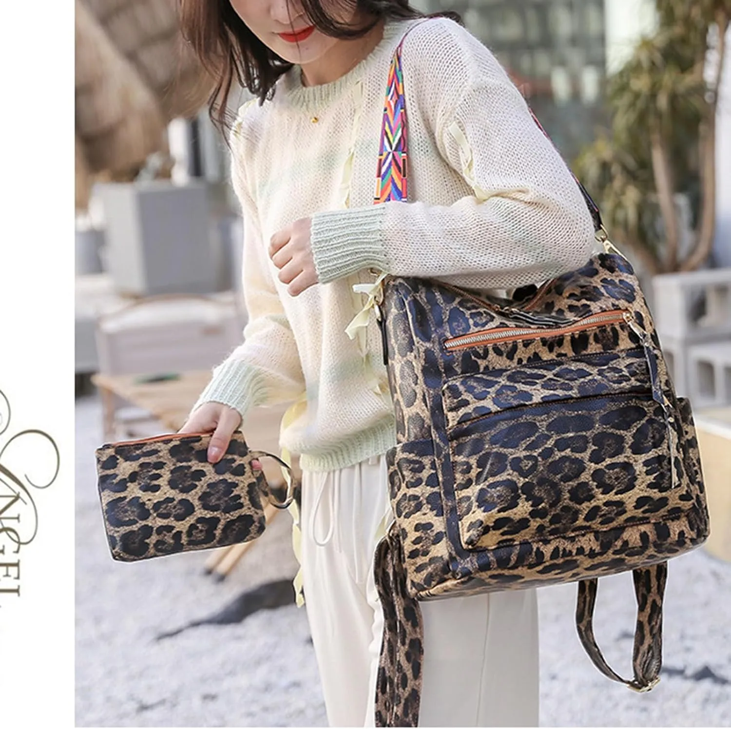 Women's Fashion Retro Backpack Convertible Satchel Shoulder Bag Anti-Theft Travel bag Casual Leather Backpack (Grey), Brown Leopard