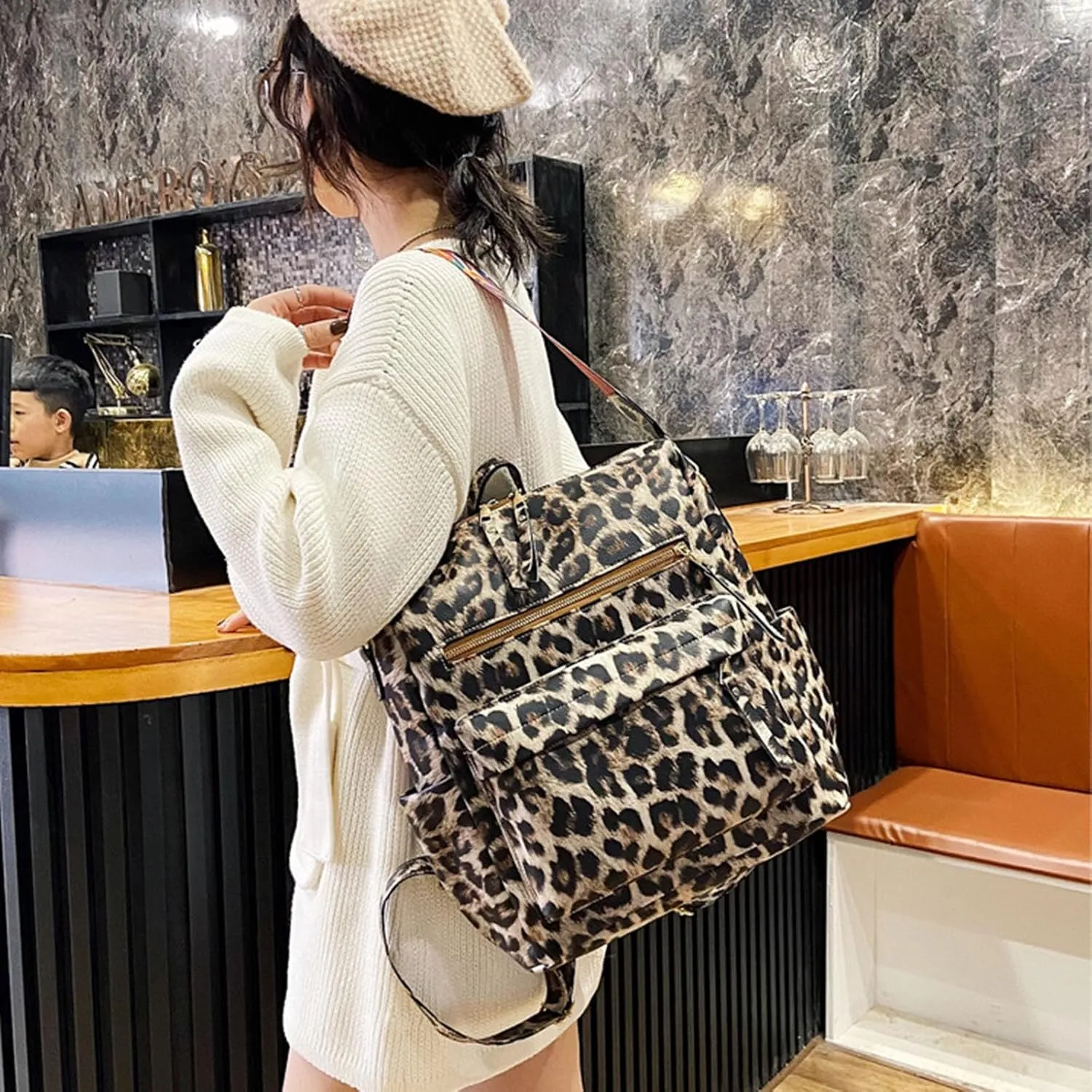 Women's Fashion Retro Backpack Convertible Satchel Shoulder Bag Anti-Theft Travel bag Casual Leather Backpack (Grey), Brown Leopard