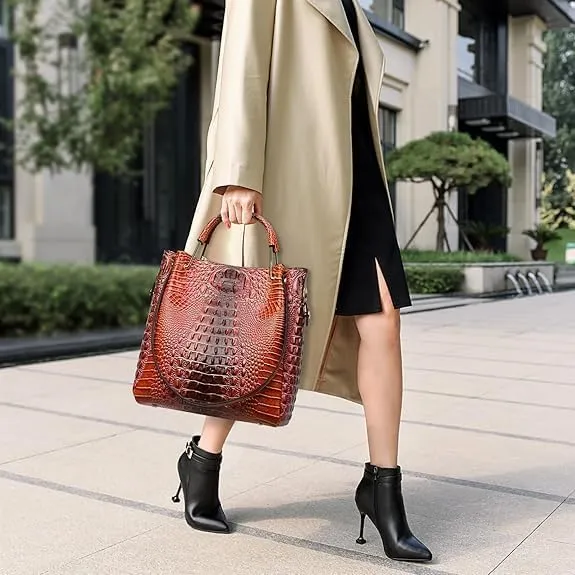 Women’s Floral Embossed Leather Handbag - Large Top Handle Shoulder Bag with Detachable Strap for Everyday