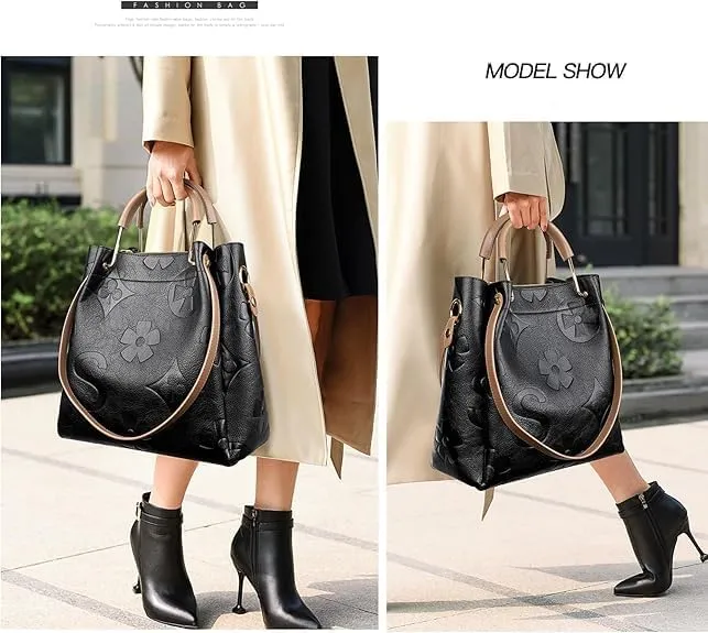Women’s Floral Embossed Leather Handbag - Large Top Handle Shoulder Bag with Detachable Strap for Everyday