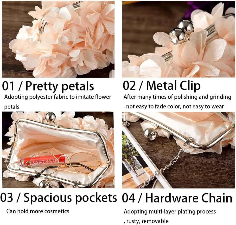Women's Floral Satin Evening Clutch Bag with Detachable Metal Chain for Wedding, Party, Prom - Shoulder/Crossbody/Handheld
