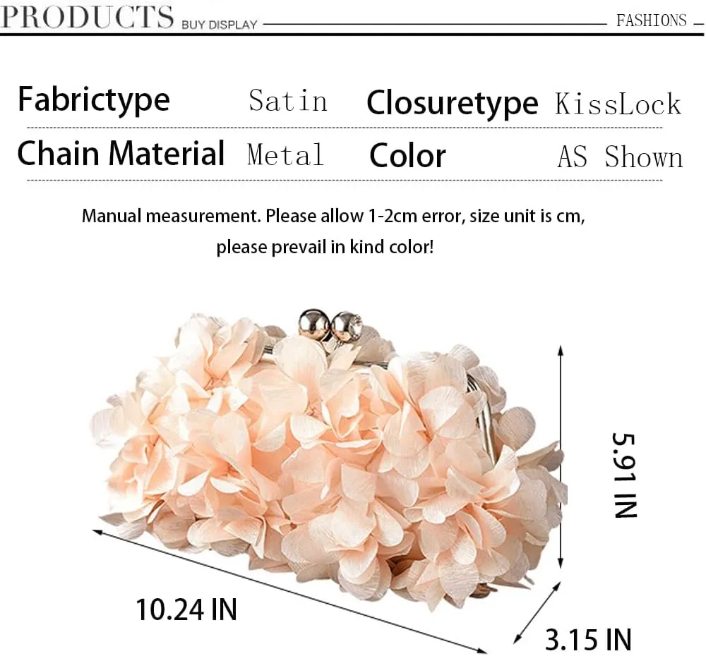 Women's Floral Satin Evening Clutch Bag with Detachable Metal Chain for Wedding, Party, Prom - Shoulder/Crossbody/Handheld