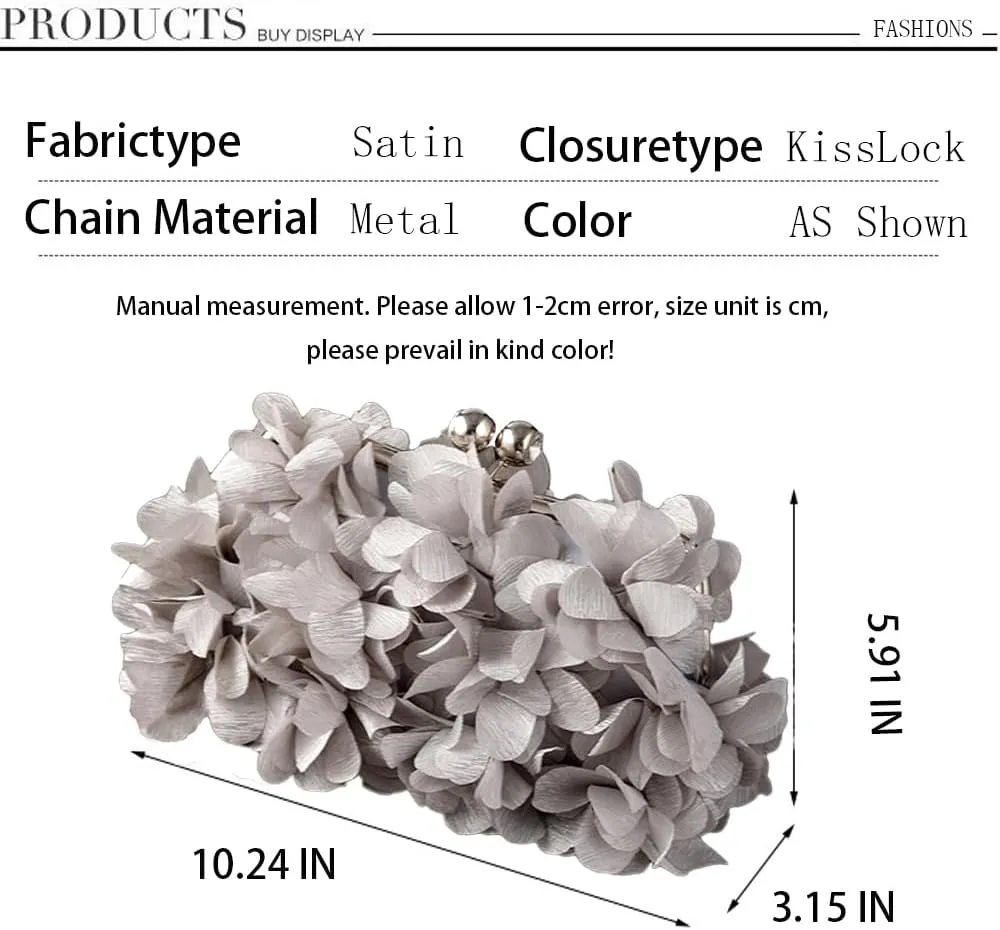 Women's Floral Satin Evening Clutch Bag with Detachable Metal Chain for Wedding, Party, Prom - Shoulder/Crossbody/Handheld