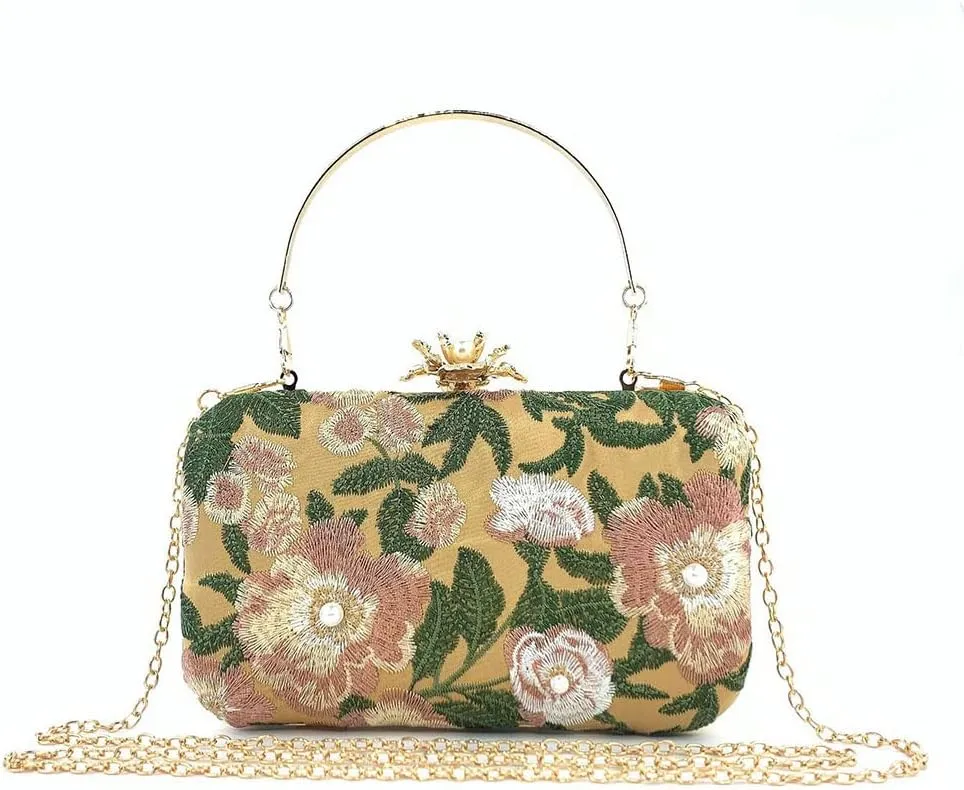 Womens Handmade Embroidery Beaded Evening Clutch Bag Vintage Pearls Handbag Purse for Wedding Prom Cocktail Party