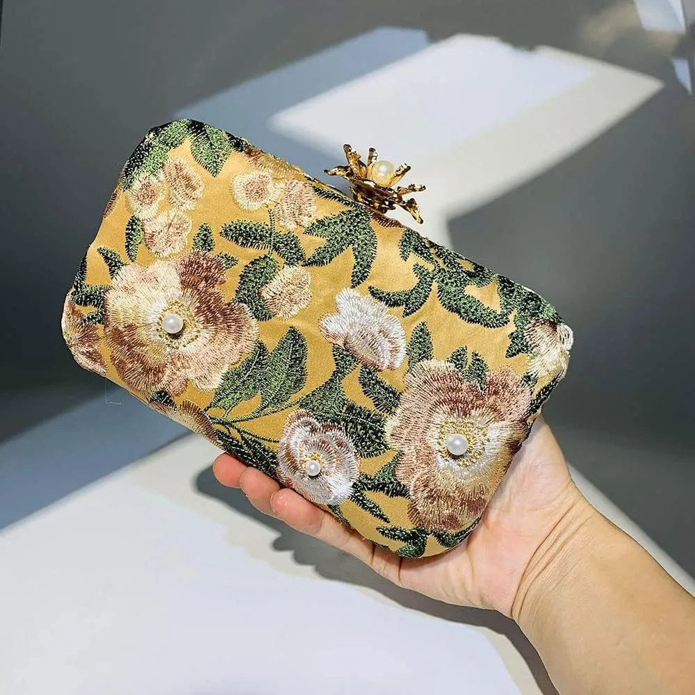 Womens Handmade Embroidery Beaded Evening Clutch Bag Vintage Pearls Handbag Purse for Wedding Prom Cocktail Party