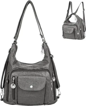 Women's Shoulder Handbags Soft Faux Leather Hobo Purses and Hand Bags Convertible Backpack Multi-pockets Tote Bag with Zipper Anti-theft Crossbody Bag Grey