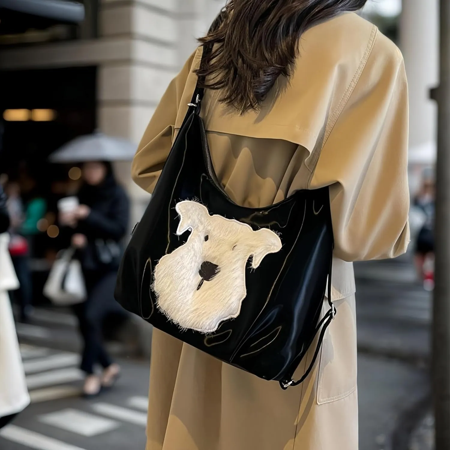 Women's Silk Luster PU Leather Shoulder Bag Hobo Tote Backpack with Cute Furry Animal Pattern (Black)