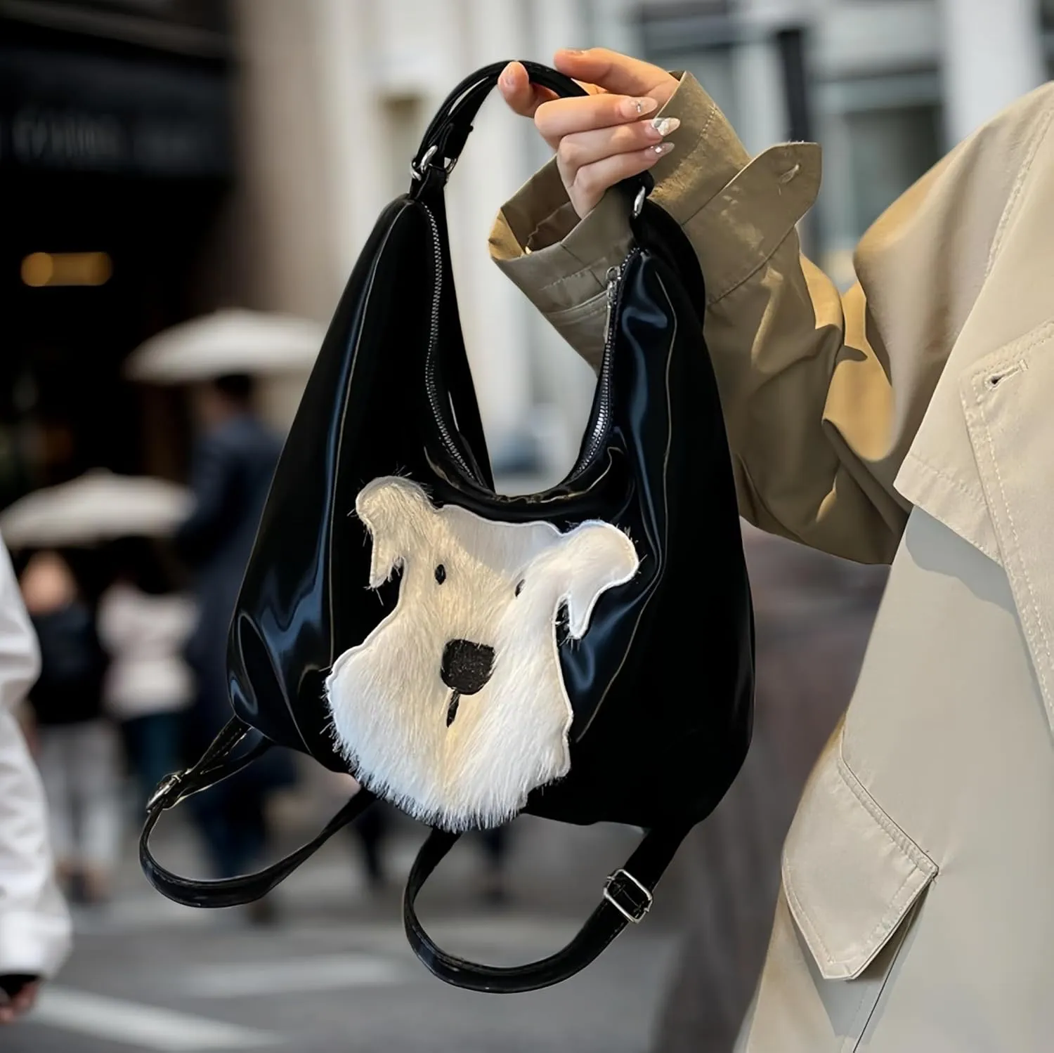 Women's Silk Luster PU Leather Shoulder Bag Hobo Tote Backpack with Cute Furry Animal Pattern (Black)