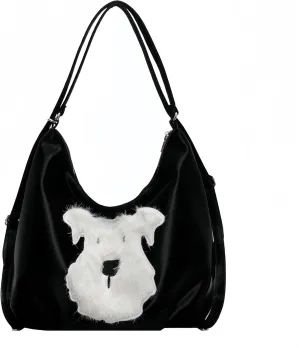 Women's Silk Luster PU Leather Shoulder Bag Hobo Tote Backpack with Cute Furry Animal Pattern (Black)