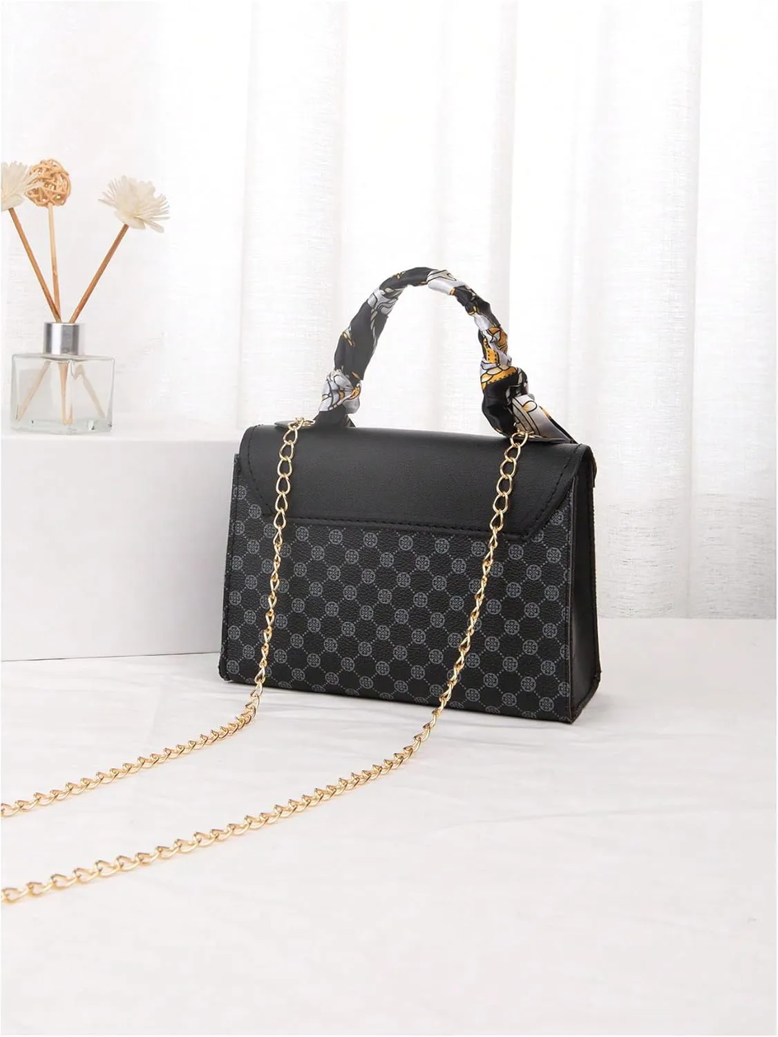 Women's Silk Scarf Top Handle Graphic Crossbody Bag Turn Lock Elegant Flap Square Shoulder Bags