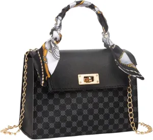 Women's Silk Scarf Top Handle Graphic Crossbody Bag Turn Lock Elegant Flap Square Shoulder Bags