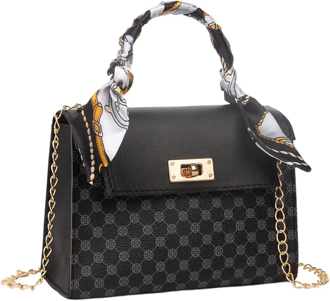 Women's Silk Scarf Top Handle Graphic Crossbody Bag Turn Lock Elegant Flap Square Shoulder Bags