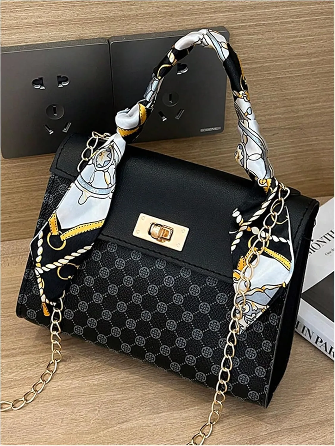 Women's Silk Scarf Top Handle Graphic Crossbody Bag Turn Lock Elegant Flap Square Shoulder Bags