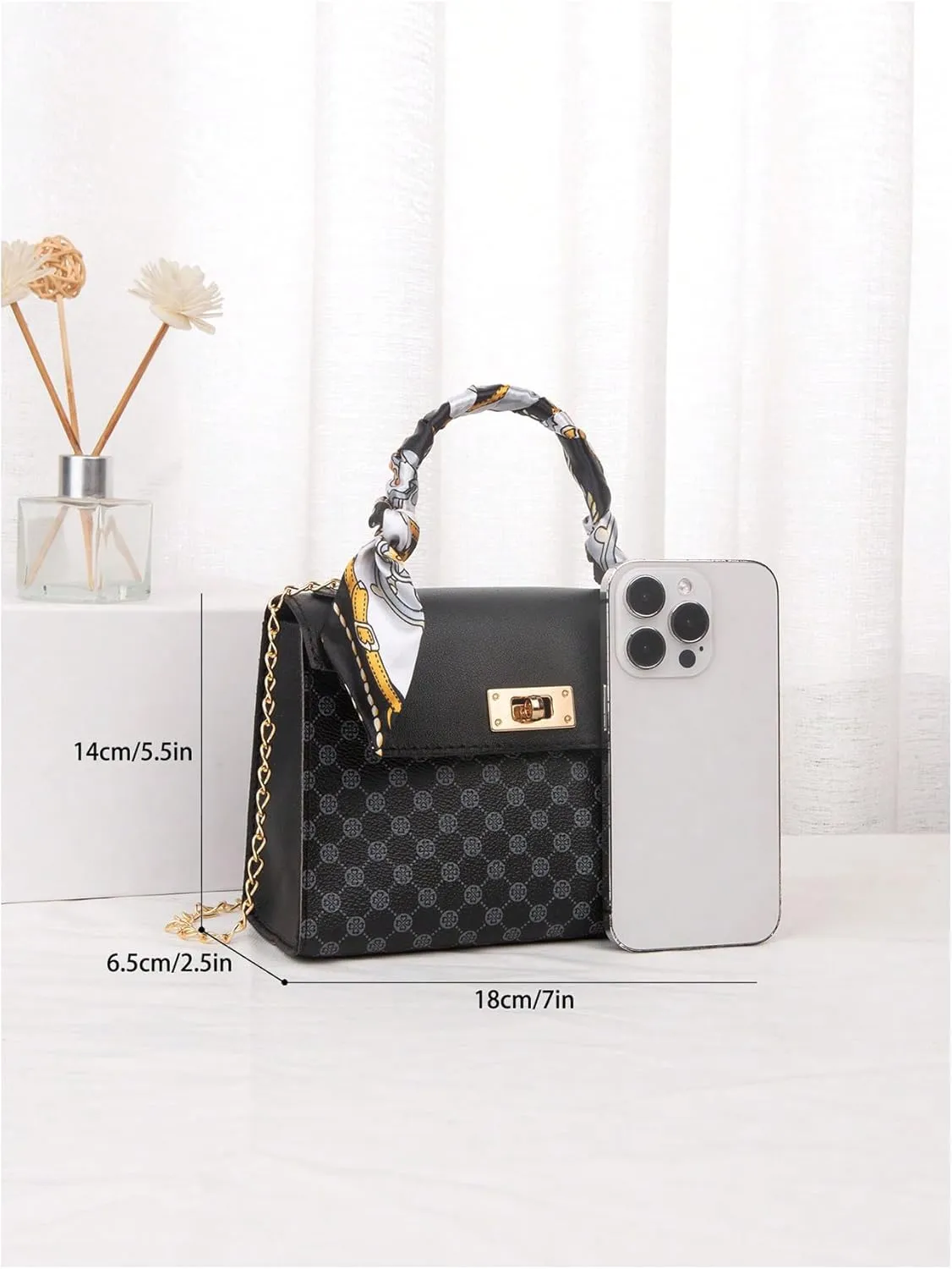 Women's Silk Scarf Top Handle Graphic Crossbody Bag Turn Lock Elegant Flap Square Shoulder Bags