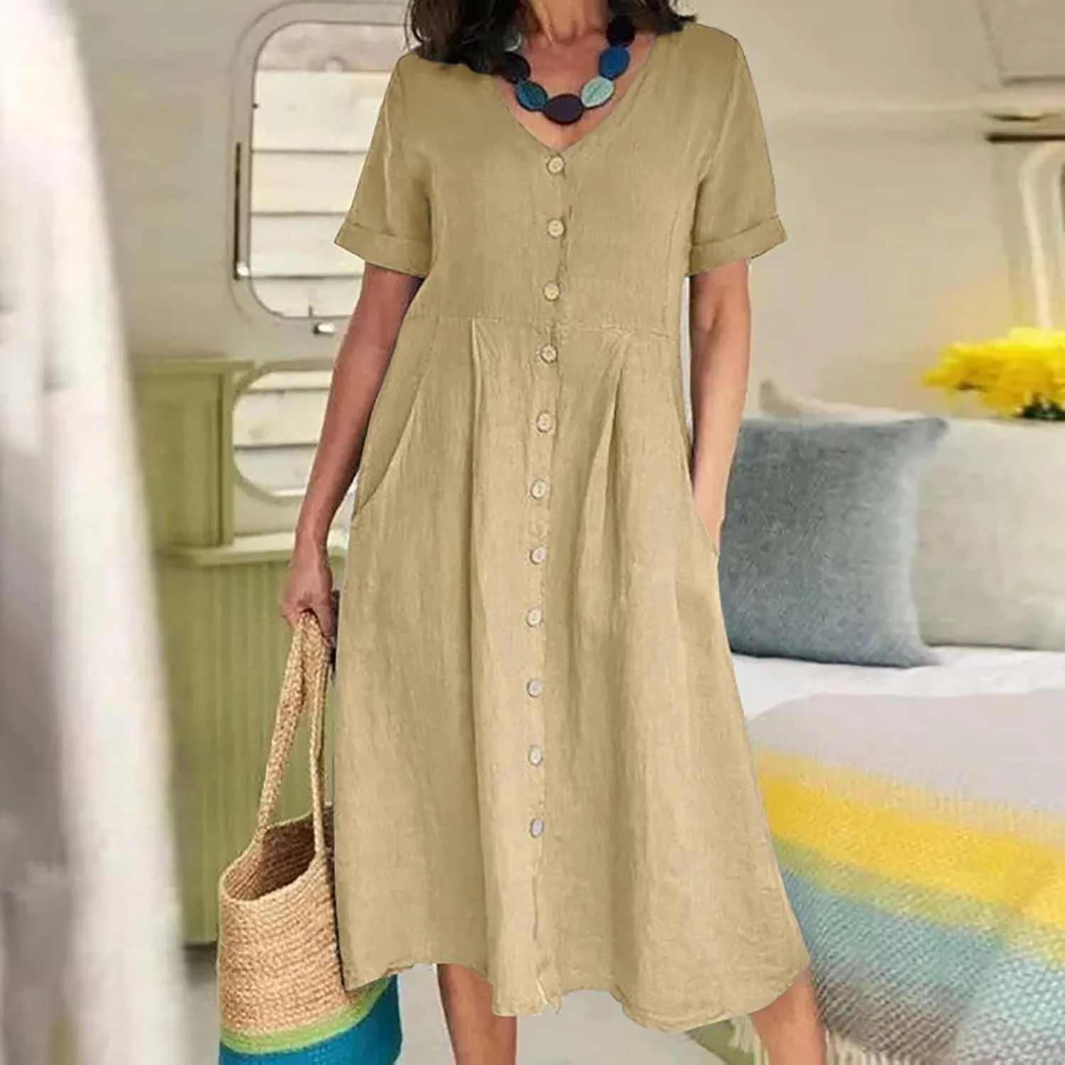Women's Summer Casual V-Neck Button Down Shirt Dress Solid Short Sleeve Cotton Linen Dress Plus Size Maxi Dress