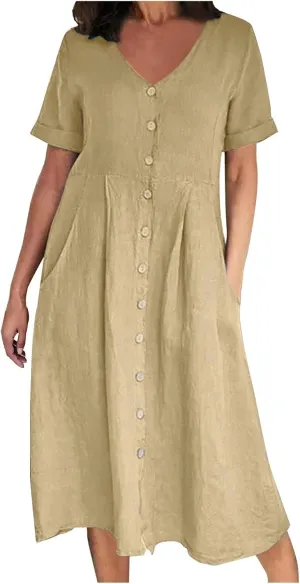 Women's Summer Casual V-Neck Button Down Shirt Dress Solid Short Sleeve Cotton Linen Dress Plus Size Maxi Dress