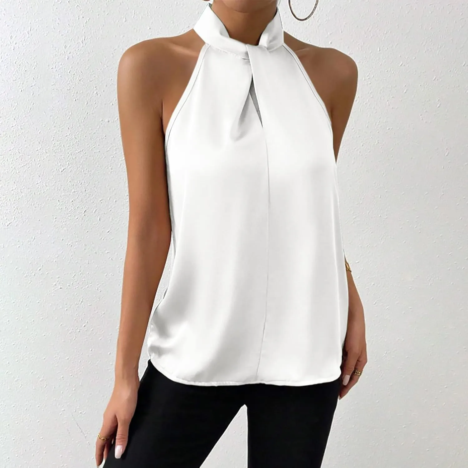 Women's Summer Halter Tops Casual Sleeveless Shirts Keyhole Neck Satin T-Shirts Off Shoulder Tank Tops Camis 2024