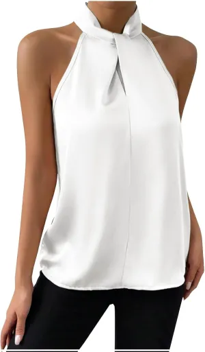 Women's Summer Halter Tops Casual Sleeveless Shirts Keyhole Neck Satin T-Shirts Off Shoulder Tank Tops Camis 2024