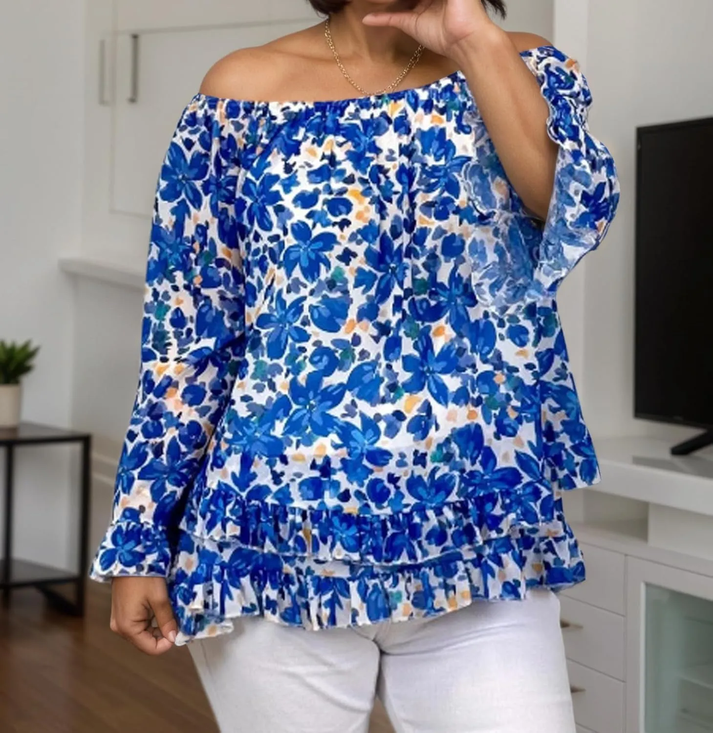 Women's Summer Off Shoulder Tops Ruffled Long Sleeve Boho Floral Print Blouse Shirts Blouses