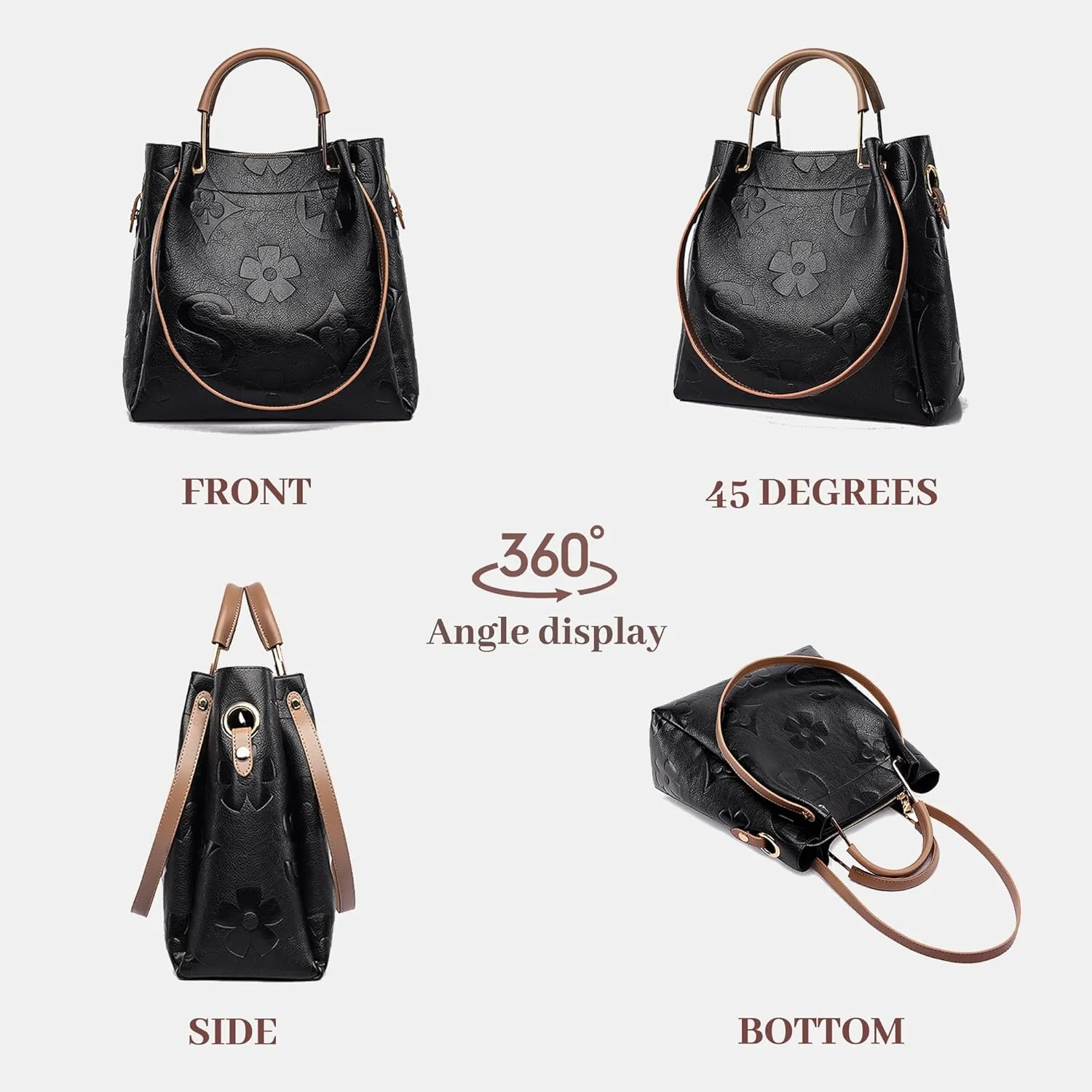 Women's Top Handle Handbags Floral Embossed Tote Bag Vintage Vegan Leather Trendy Bucket Shoulder Satchel Purses