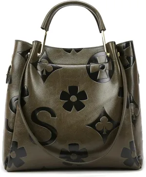 Women's Top Handle Handbags Floral Embossed Tote Bag Vintage Vegan Leather Trendy Bucket Shoulder Satchel Purses