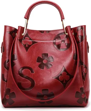 Women's Top Handle Handbags Floral Embossed Tote Bag Vintage Vegan Leather Trendy Bucket Shoulder Satchel Purses