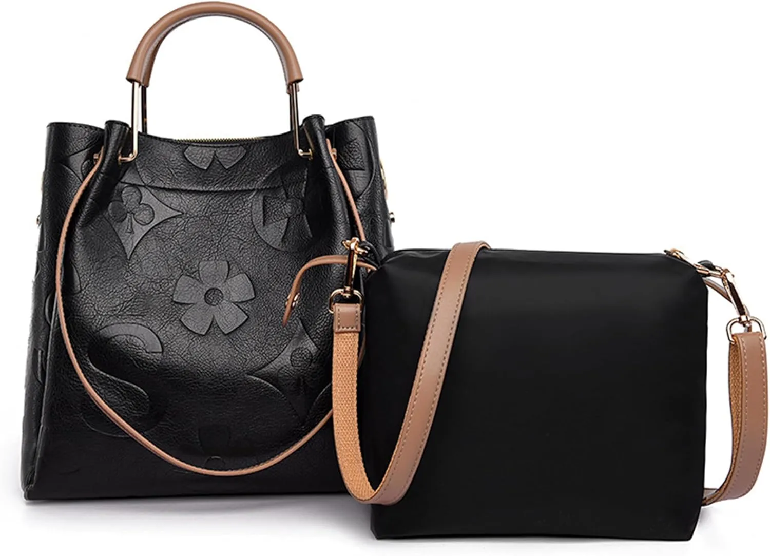 Women's Top Handle Handbags Floral Embossed Tote Bag Vintage Vegan Leather Trendy Bucket Shoulder Satchel Purses