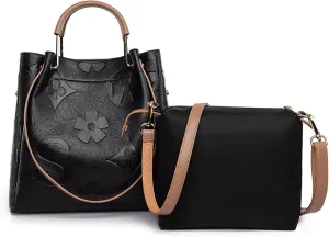 Women's Top Handle Handbags Floral Embossed Tote Bag Vintage Vegan Leather Trendy Bucket Shoulder Satchel Purses
