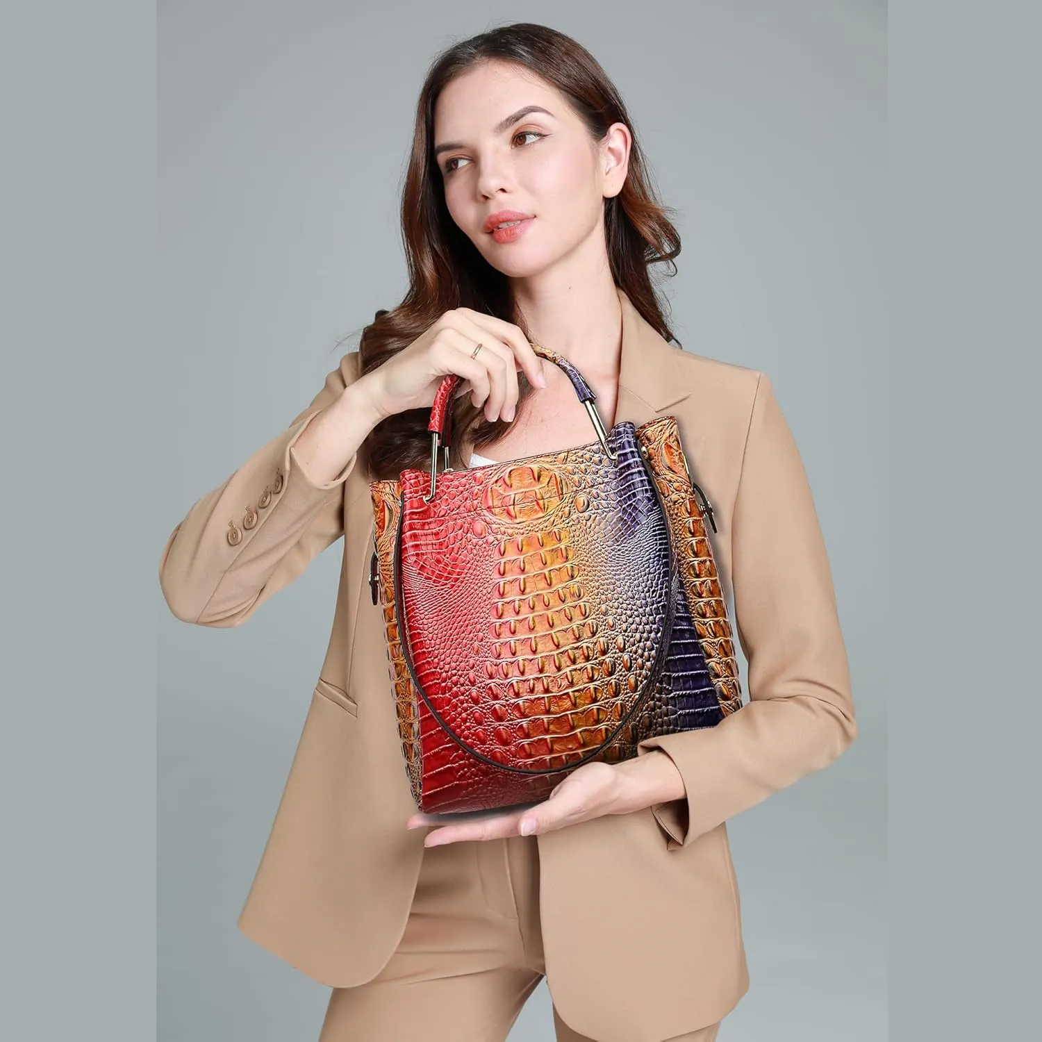 Women's Top Handle Handbags Floral Embossed Tote Bag Vintage Vegan Leather Trendy Bucket Shoulder Satchel Purses