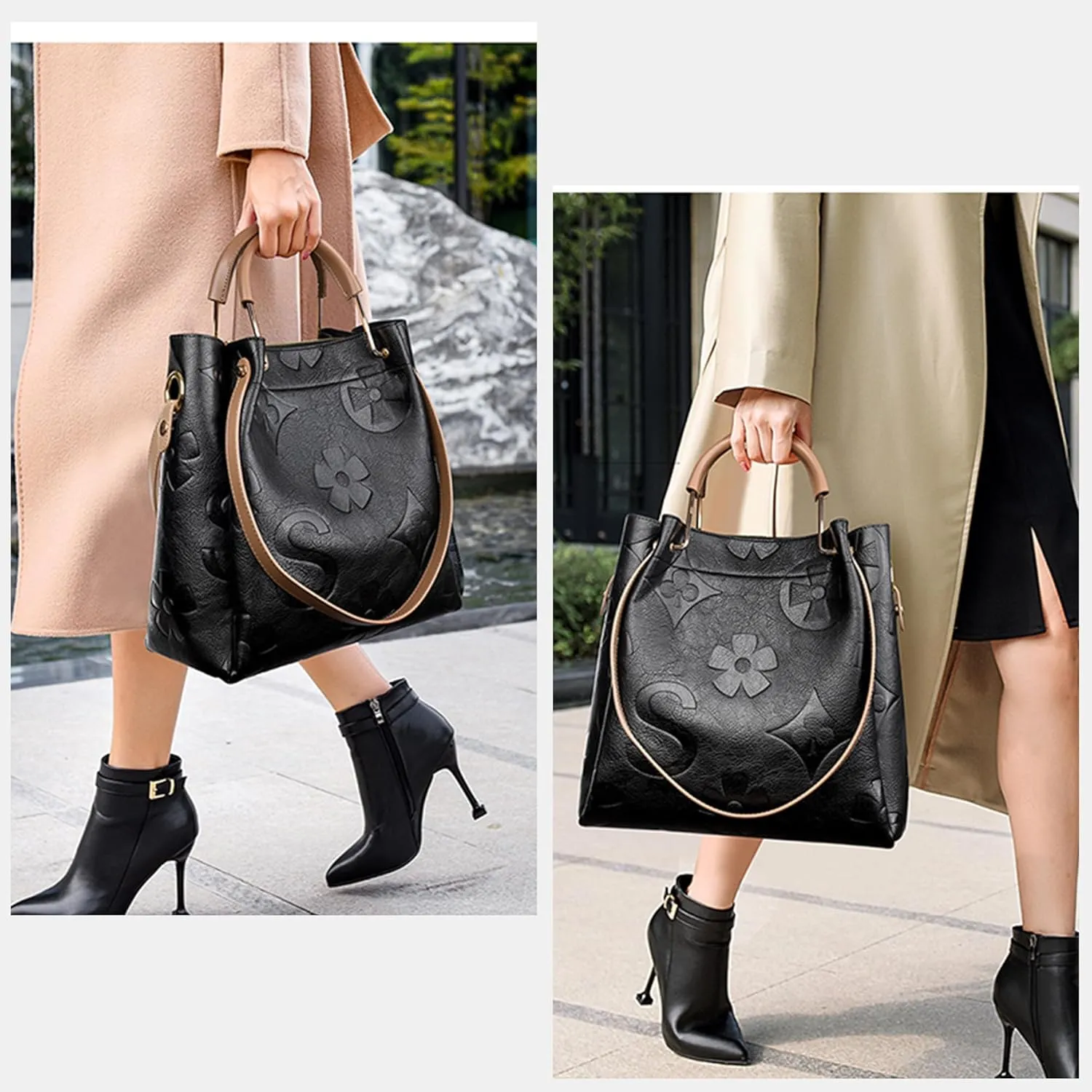 Women's Top Handle Handbags Floral Embossed Tote Bag Vintage Vegan Leather Trendy Bucket Shoulder Satchel Purses