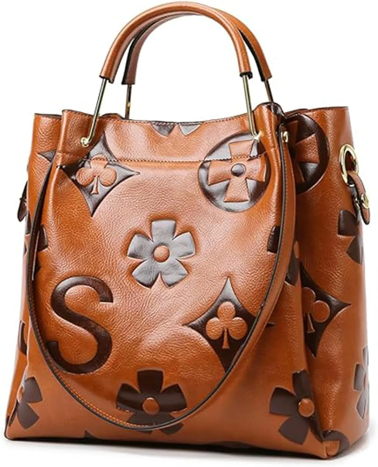 Women's Top Handle Handbags Floral Embossed Tote Bag Vintage Vegan Leather Trendy Bucket Shoulder Satchel Purses