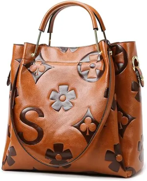 Women's Top Handle Handbags Floral Embossed Tote Bag Vintage Vegan Leather Trendy Bucket Shoulder Satchel Purses