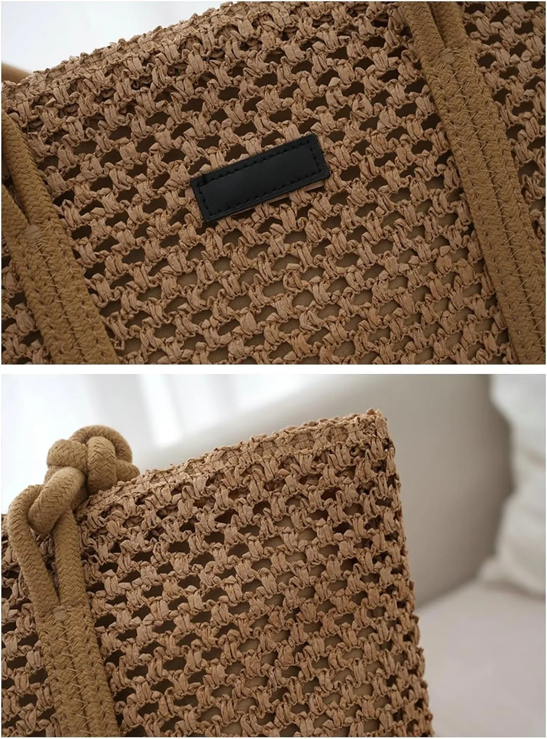Woven Shoulder Tote Bag Women 2025 Summer Beach Bag Straw Handbag Cotton Rope Handles Commute Shopping Square
