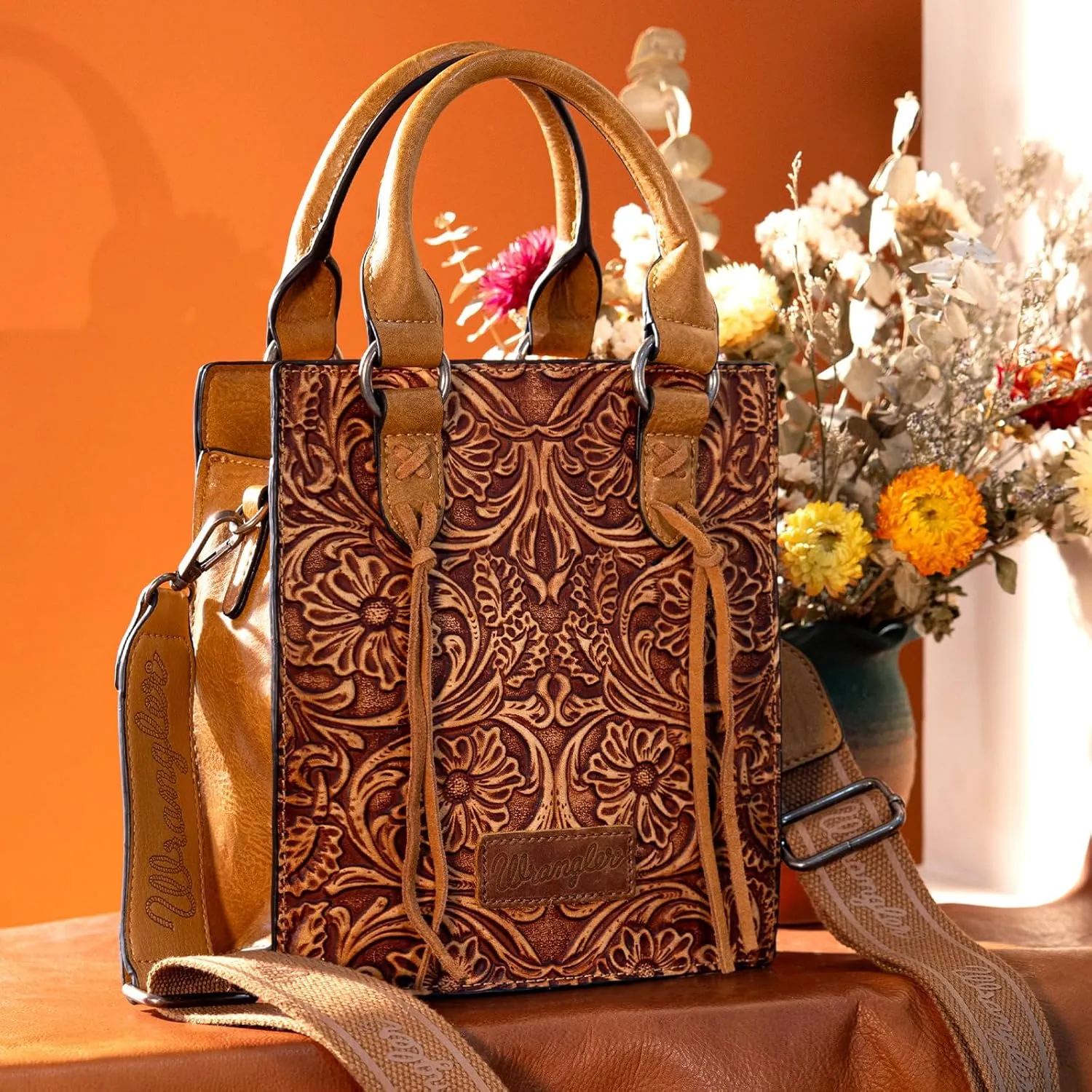 Wrangler Small Crossbody Bag for Women Tooling Top Handle Handbags and Mini Tote Bag