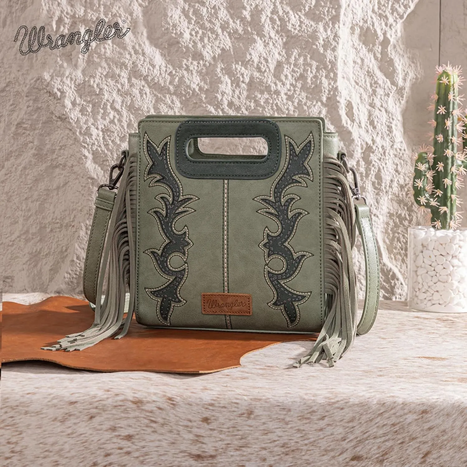 Wrangler Top Handle Handbags Western Fringe Crossbody Bag for Women Embroidered Boot Scroll Ladies Handbag