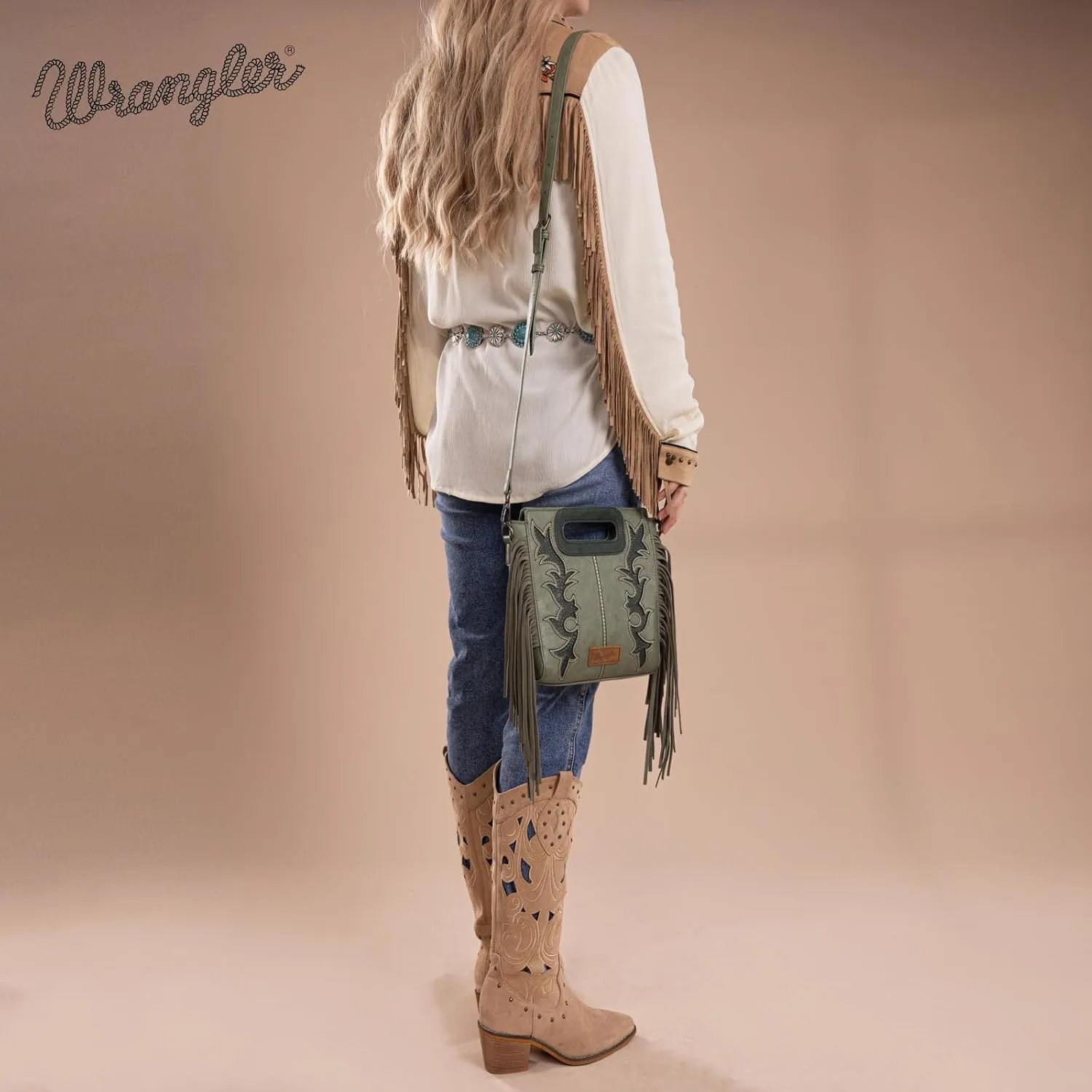 Wrangler Top Handle Handbags Western Fringe Crossbody Bag for Women Embroidered Boot Scroll Ladies Handbag