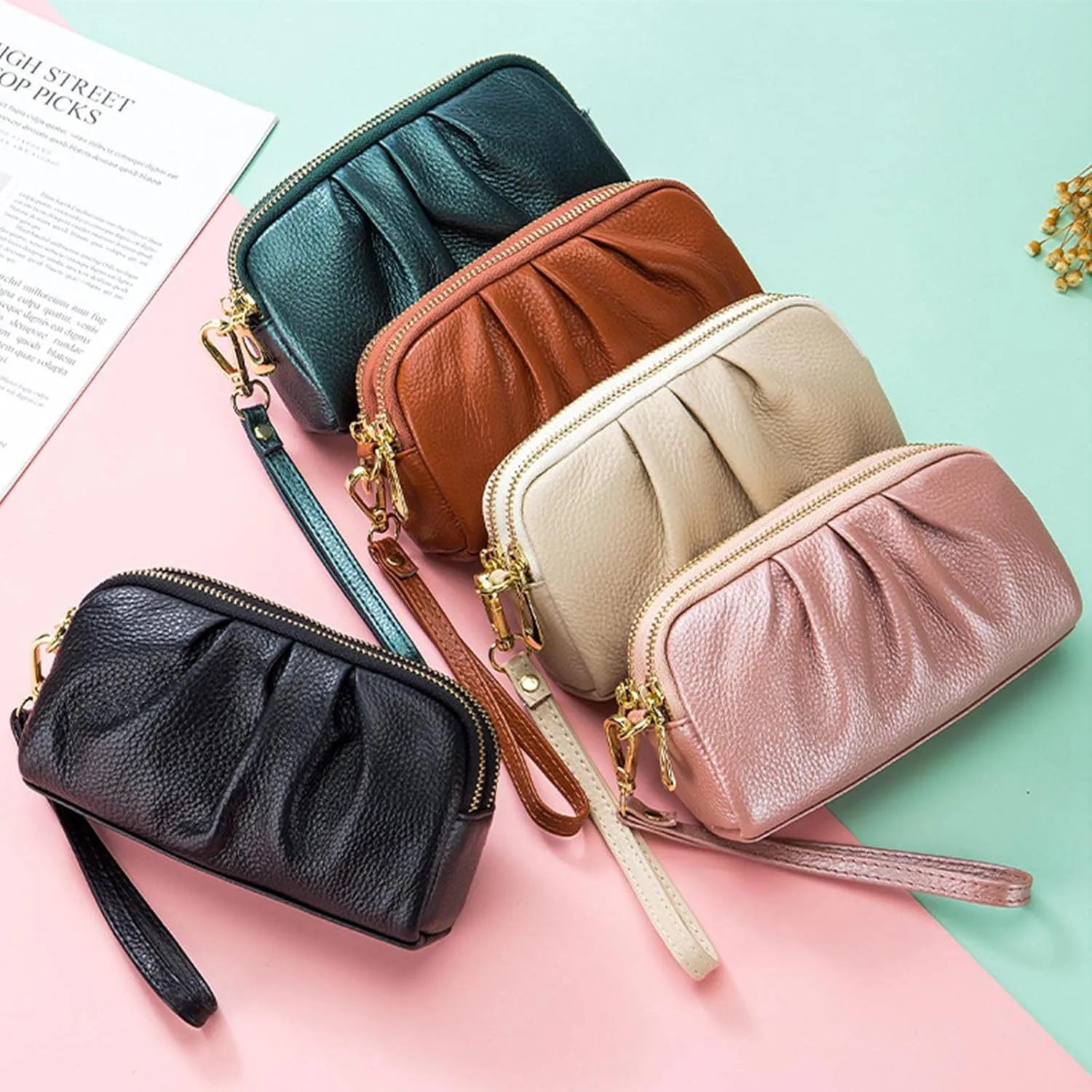Wristlet Wallets for Women Genuine Leather Wristlet Purses Ladies Ruched Wristlet Clutch Wallet Purses