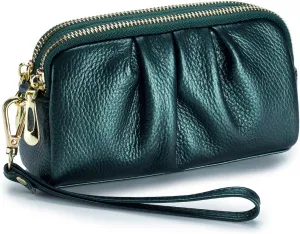 Wristlet Wallets for Women Genuine Leather Wristlet Purses Ladies Ruched Wristlet Clutch Wallet Purses