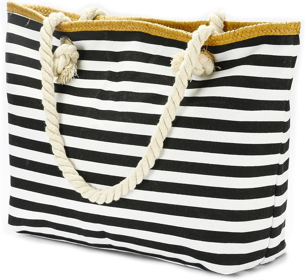 X-Large Travel Canvas Shoulder Beach Tote Bag with Handmade Woven Straw Binding, Cotton Rope Handles, Waterproof Lining and a special pocket inside design. (Style 09)