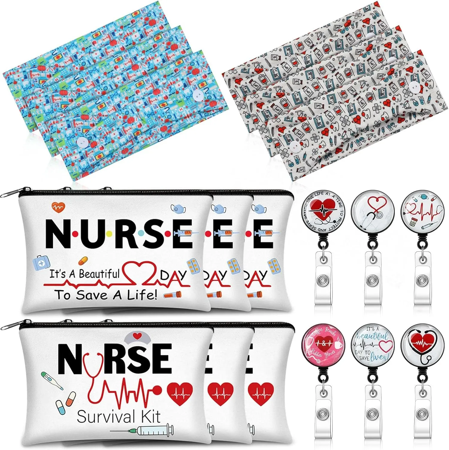 XunYee 18 Pcs Nurse Gift Survival Kit 2025 Nurse Week Appreciation Gift for Women 6 Cosmetic Makeup Bag 6 Badge Reel Retractable 6 Headband with Button Women Doctor Present for Hospital(Novel Style)