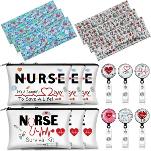 XunYee 18 Pcs Nurse Gift Survival Kit 2025 Nurse Week Appreciation Gift for Women 6 Cosmetic Makeup Bag 6 Badge Reel Retractable 6 Headband with Button Women Doctor Present for Hospital(Novel Style)