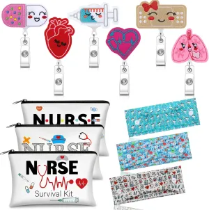XunYee 18 Pcs Nurse Gift Survival Kit 2025 Nurse Week Appreciation Gift for Women 6 Cosmetic Makeup Bag 6 Badge Reel Retractable 6 Headband with Button Women Doctor Present for Hospital(Stylish Style)