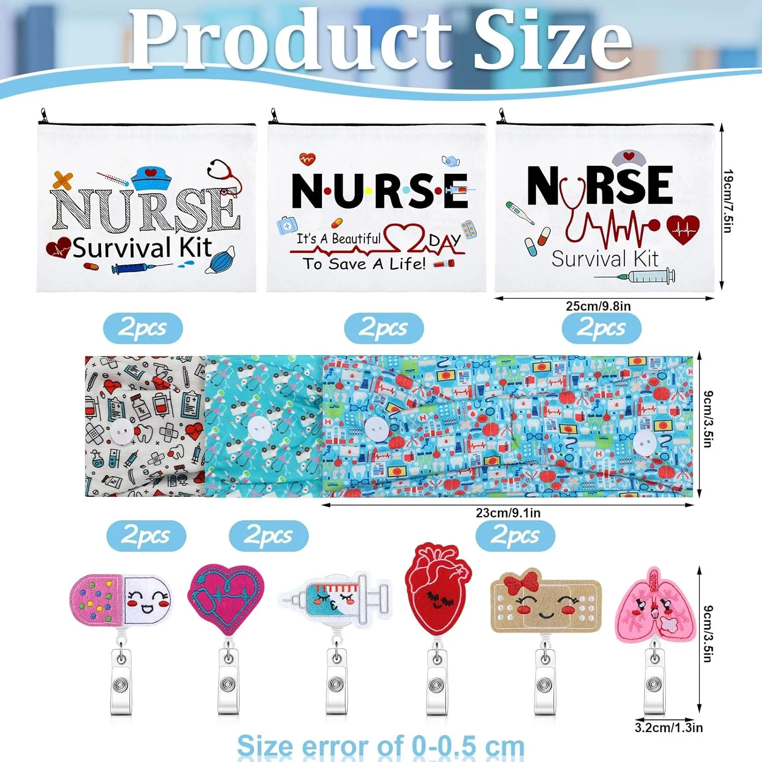 XunYee 18 Pcs Nurse Gift Survival Kit 2025 Nurse Week Appreciation Gift for Women 6 Cosmetic Makeup Bag 6 Badge Reel Retractable 6 Headband with Button Women Doctor Present for Hospital(Stylish Style)