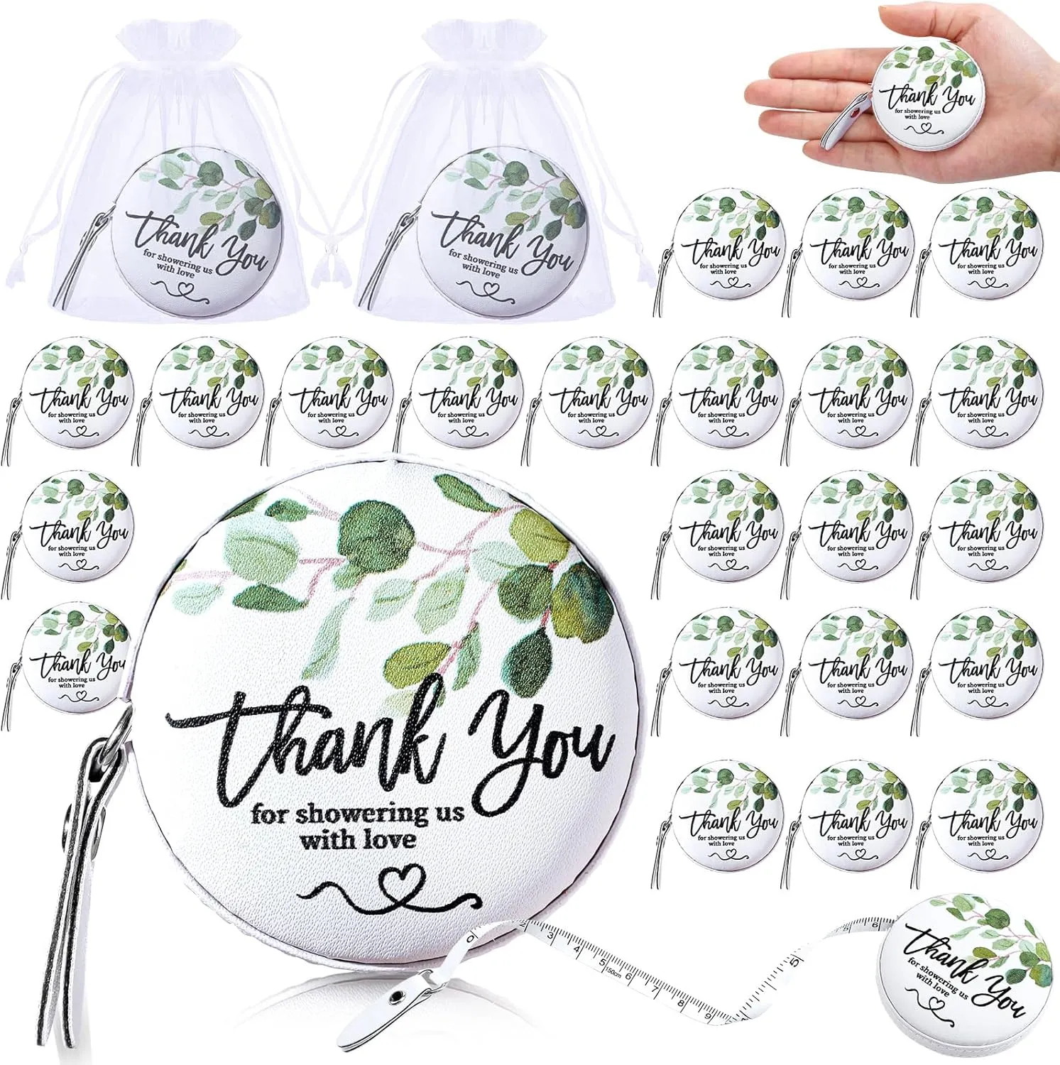 XunYee 30 Sets Wedding Eucalyptus Measure Tape for Guests Mini Retractable Measuring Tape Wedding Favors 1.5 Meter Soft Body Ruler with Gift Bags for Bridal Shower Party Souvenirs