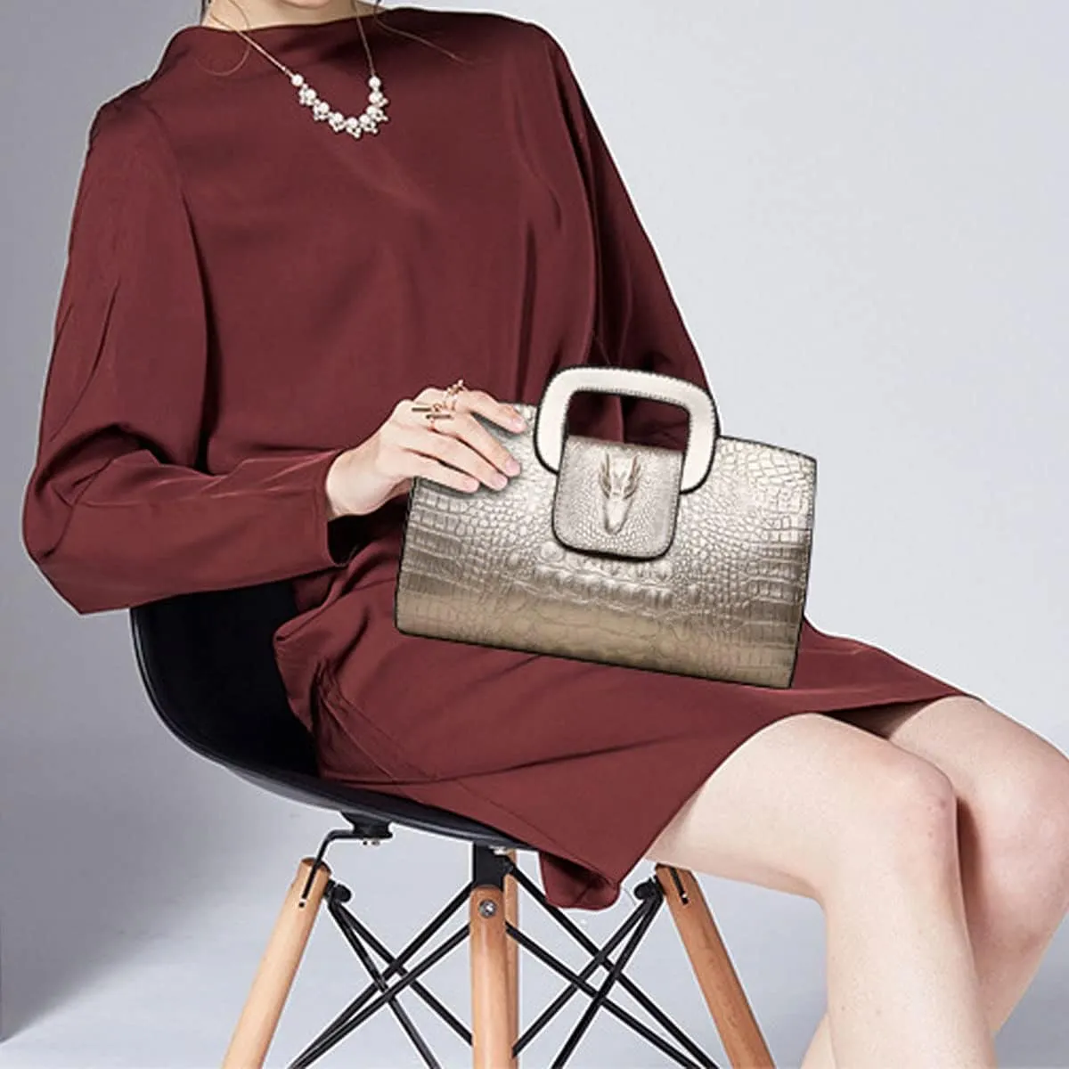 XXGJOALD-Women Satchel Handbag Crocodile Pattern Shoulder Bag Embossed Fuax Leather Purse Long Tote Top-Handle Bag Gold