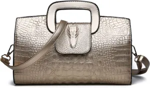 XXGJOALD-Women Satchel Handbag Crocodile Pattern Shoulder Bag Embossed Fuax Leather Purse Long Tote Top-Handle Bag Gold